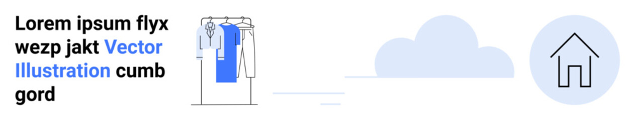 Home icon, blue cloud, clothing rack with shirts and dress. Ideal for e-commerce, online retail, home decor, fashion industry, textile business cloud computing minimalism. Landing page