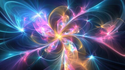 Obraz premium A futuristic digital background with swirling light patterns and neon accents, providing room for customization.