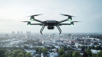 A futuristic drone highway concept over a smart city with glowing transportation hubs and IoT pathways. Copy space.