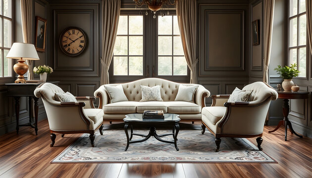 classical style Armchair sofa couch in vintage room with desk la, with white tones