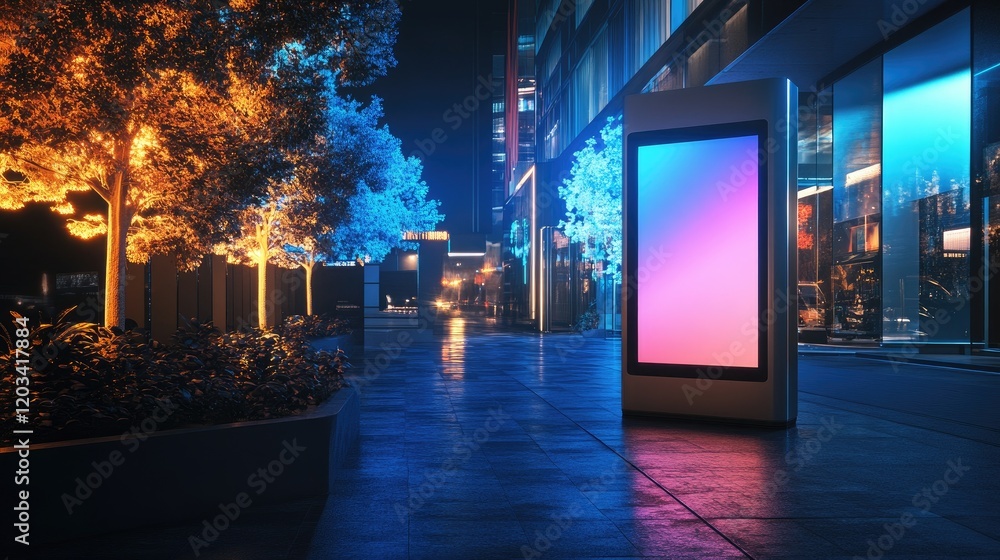 Poster a futuristic interactive touchscreen panel in an urban space with ample copy space.