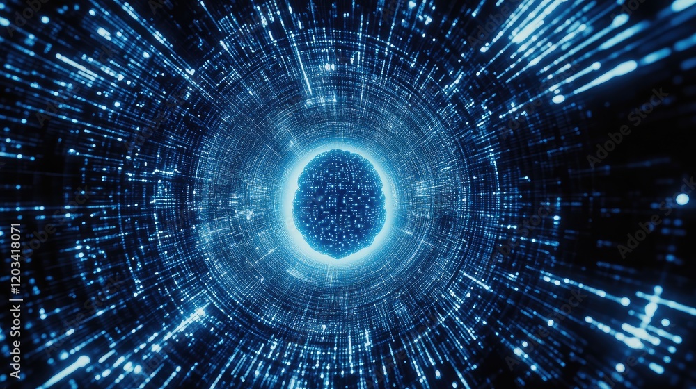 Poster a glowing ai brain surrounded by swirling data particles in a dynamic, futuristic blue and white des