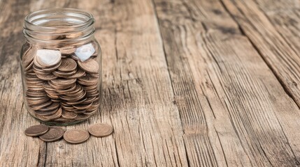 Naklejka premium Glass Jar Filled with Coins on Wooden Table