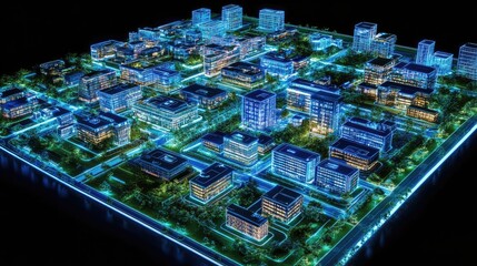 Obraz premium A glowing conceptual blueprint of a futuristic urban area featuring interconnected smart solutions. Copy space.