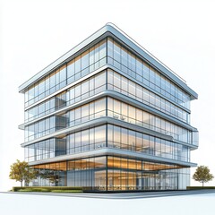 Modern Architectural Design of a Sleek Office Building with Glass Facade and Green Landscaping on a Clear Day, Showcasing Urban Commercial Spaces and Innovative Construction Techniques