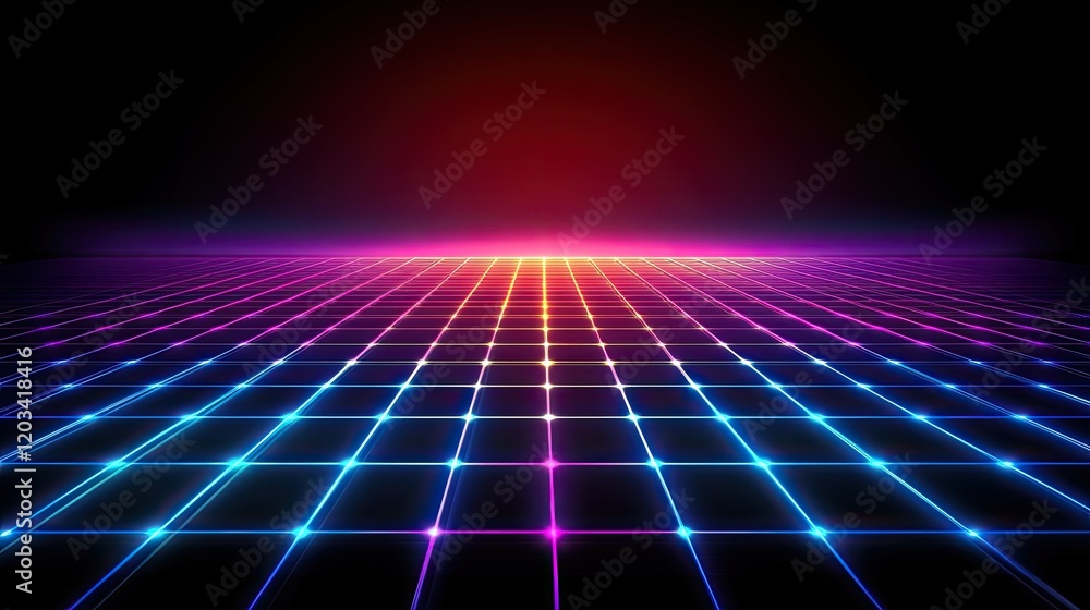 Poster a glowing electronic background with a grid of glowing nodes and light trails, perfect for adding te