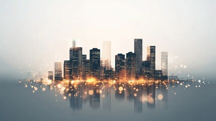 Fototapeta premium Glowing Finance Icons Urban Skyline, abstract representation of economic growth and business development in a vibrant metropolis