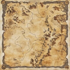 Ancient World Map: An aged and worn parchment map unfolds, revealing intricate lines tracing pathways and borders across a fantastical world, with peaks, valleys.