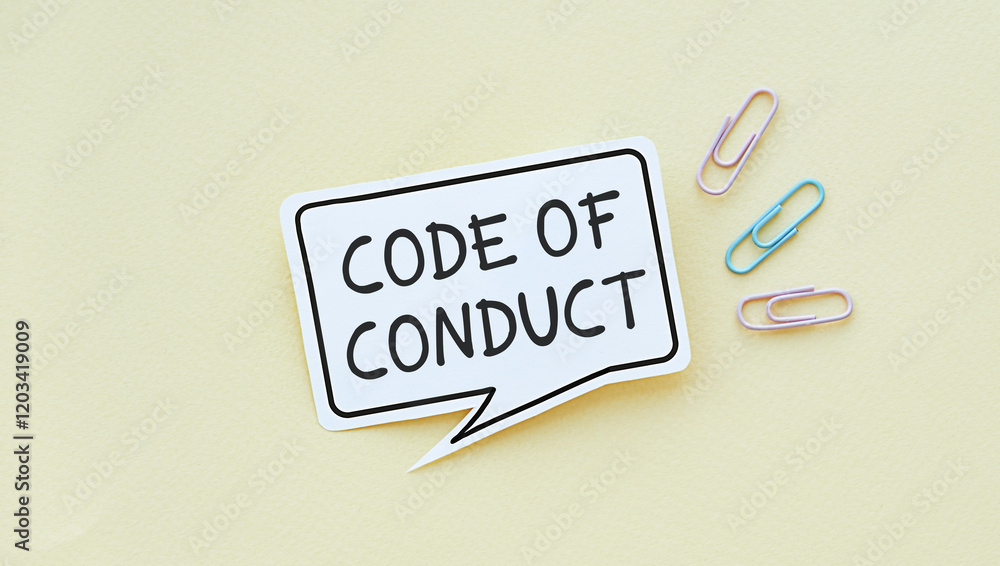 Poster code of conduct text on an information card on a yellow background