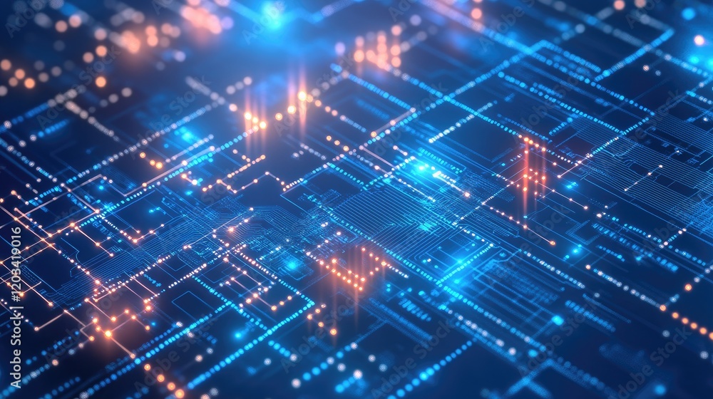 Poster a high-tech background with neon-colored squares and circuits, featuring space for creative addition