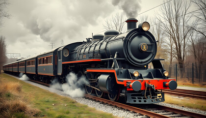 Fototapeta premium Vintage steam train. Old photo filter applied, 8k, with white tones