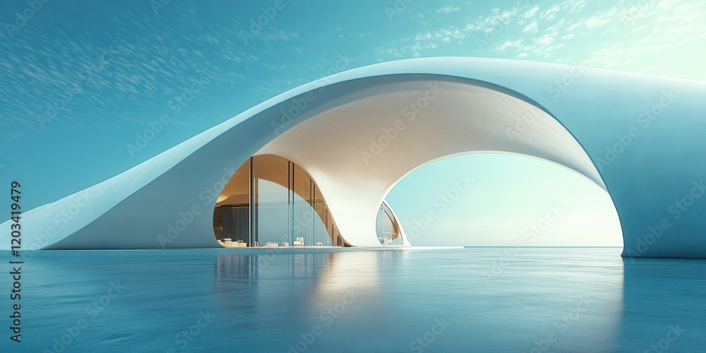 Poster modern architectural masterpiece with fluid design and seamless integration with nature, featuring c