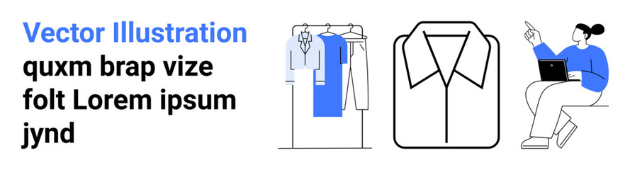 Fashion designer working on laptop, clothing hung on a rack, and drawn shirt design on white background. Ideal for fashion, design, creativity, apparel industry, textile studies, online courses