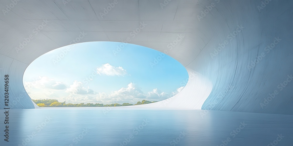 Poster modern architectural space with curved walls and large open window providing scenic view of blue sky