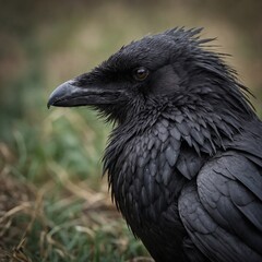 A crow with fluffy, wind-ruffled feathers.