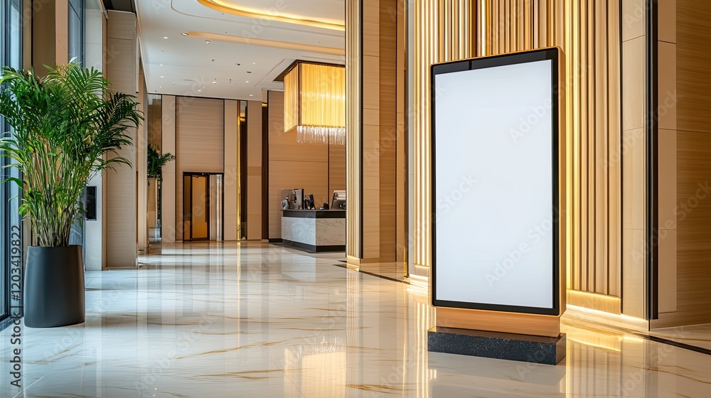 Poster a modern interactive touchscreen sign in a minimalist lobby, with a blank display and ample copy spa