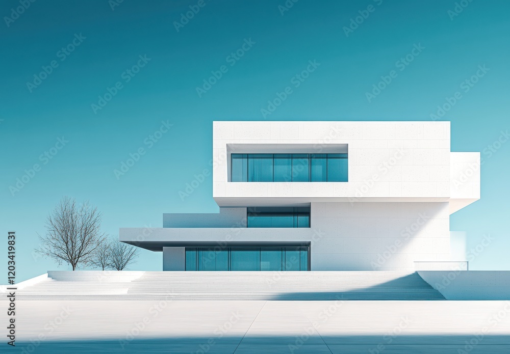 Poster modern architectural structure with clean lines and geometric shapes against a crisp blue sky showca