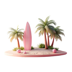 Obraz premium Pink Surfboard Tropical Island Summer Beach Paradise Vacation Scene Illustration 3d sun sky sea fun 