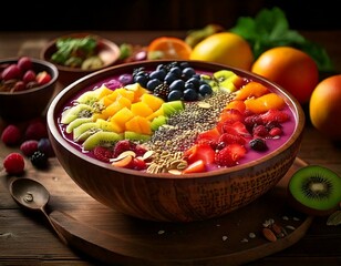 A colorful smoothie bowl with fresh fruits, nuts, and seeds arranged on a wooden table.