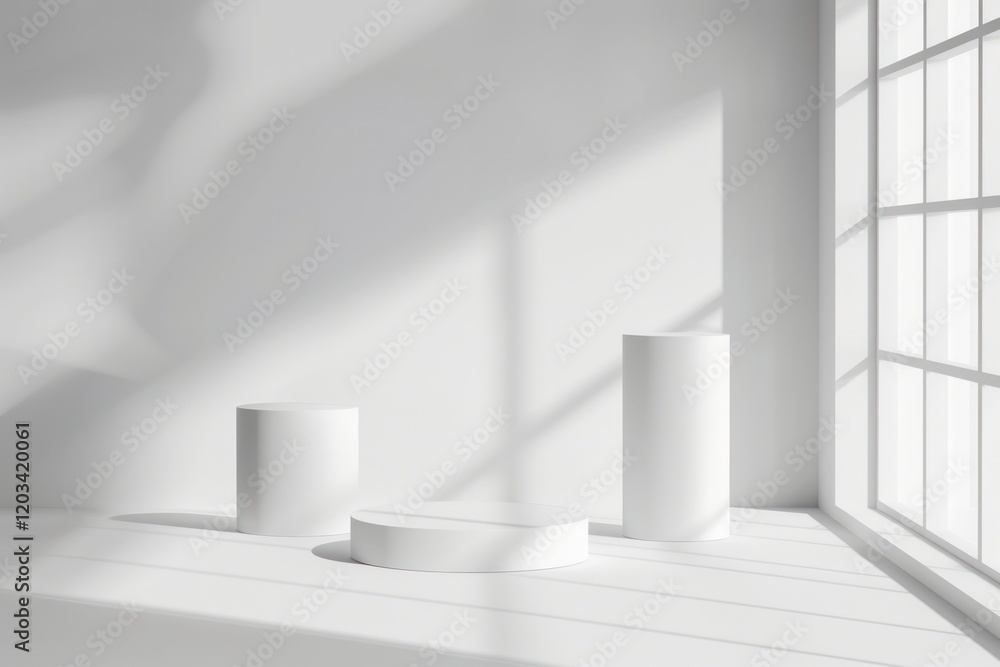 Poster white cylinder podium platform advertisement display product show backgrounds abstract leaf shadow l