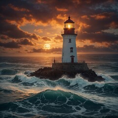 Naklejka premium A lighthouse glowing warmly against a dramatic ocean sunset.