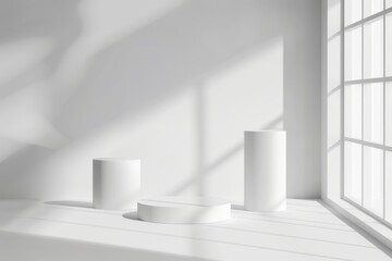 Fototapeta premium white cylinder podium platform advertisement display product show backgrounds abstract leaf shadow light concrete cement mockup place summer 3d empty space soft light from window