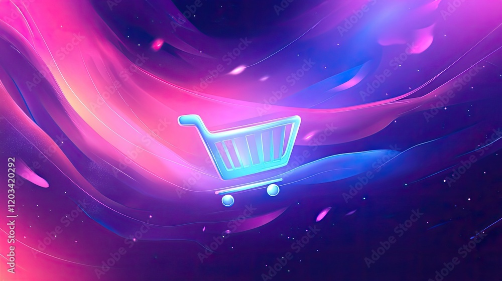 Poster a shopee shopping cart icon floating over an abstract colorful background with digital elements and 