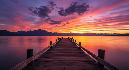Long Pier Leading Out onto Lake at Sunrise Generative AI