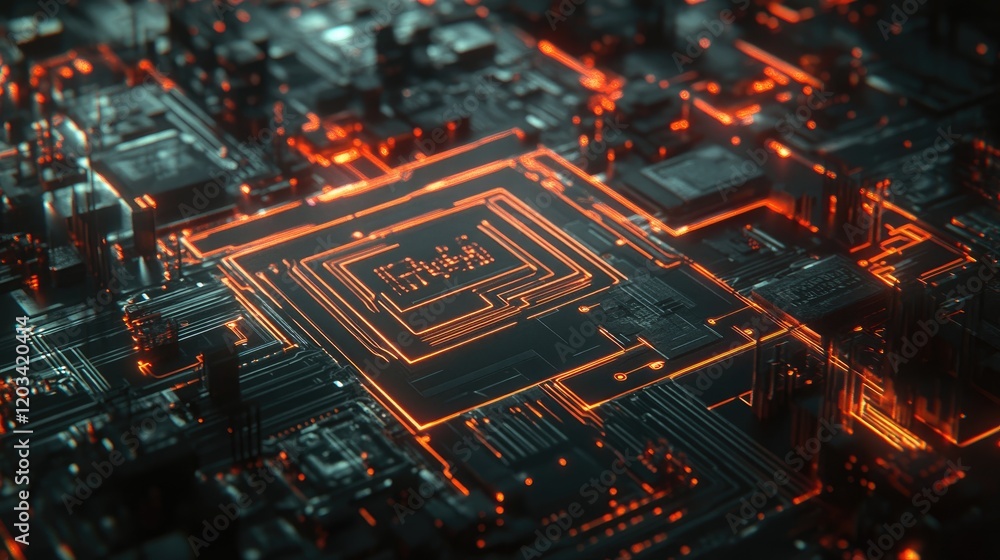 Poster a sleek, digital circuit pattern with flowing light effects, leaving ample space for branding or con