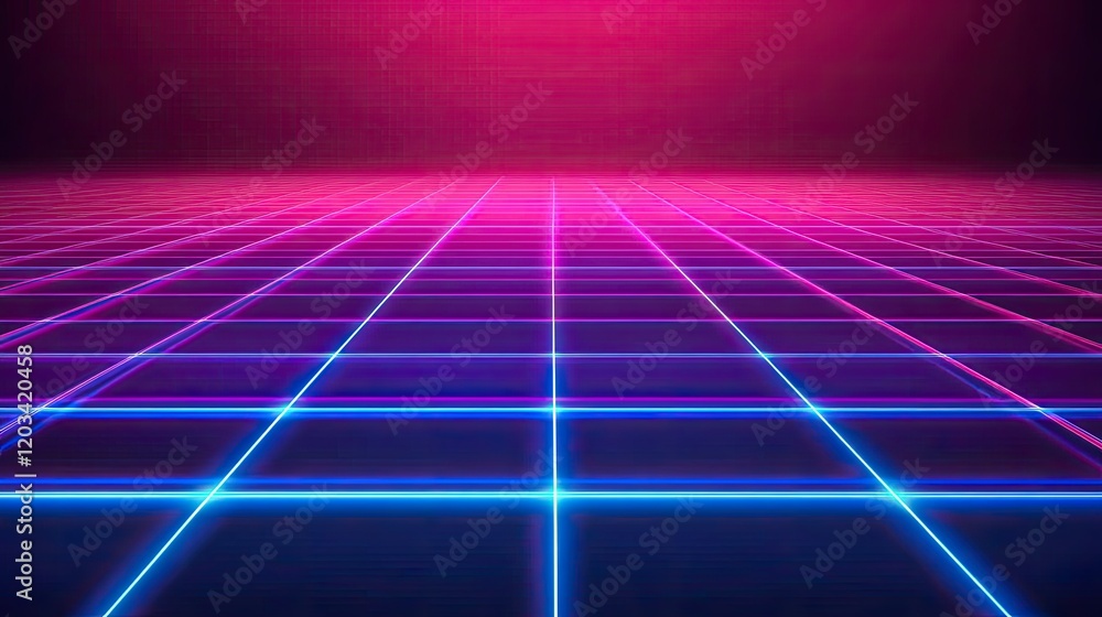 Poster a sleek, futuristic digital grid with bright neon lights, offering an empty space for custom message