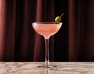 Cocktail cup with olive on a stick