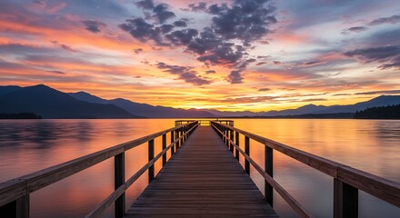 Obraz premium Long Pier Leading Out onto Lake at Sunrise Generative AI