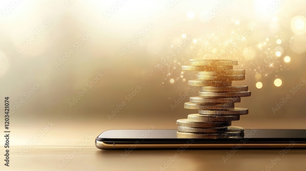 Poster a stack of virtual coins emerging from a smartphone screen, representing digital wallet transactions