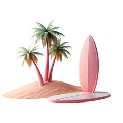 Pink Surfboard Tropical Beach Minimalist Summer Design Illustration 3d sun sea sky art palm wave    