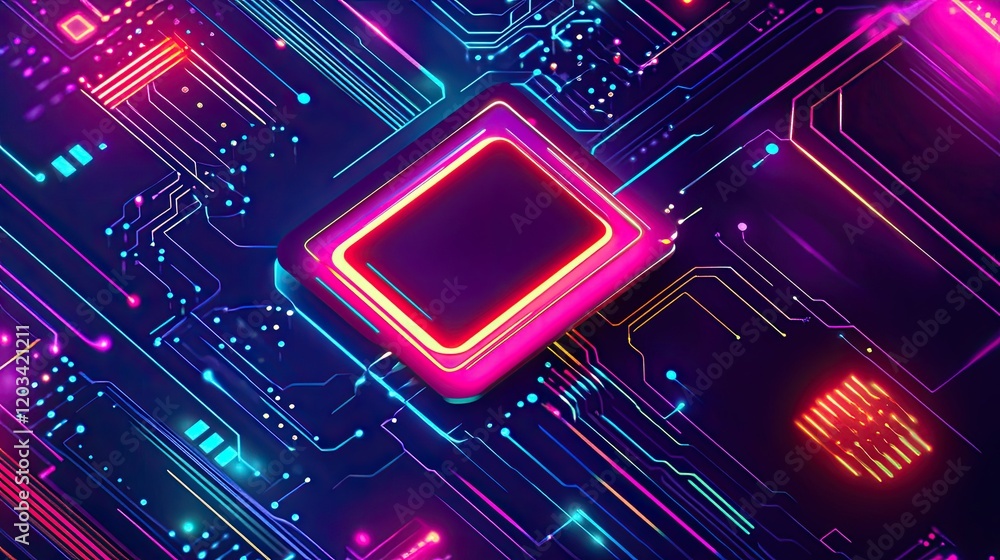Poster a vibrant digital matrix with neon lines and digital elements, leaving room for future text or graph