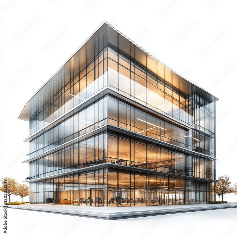 Poster modern glass building with sleek design and open spaces surrounded by trees, showcasing innovative a