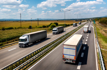 Highway transport. Transportation Trucks in lines passing on a rural countryside highway under a beautiful blue sky