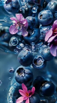  Swirl of blueberries with pink flowers in water, popular fruit of the season