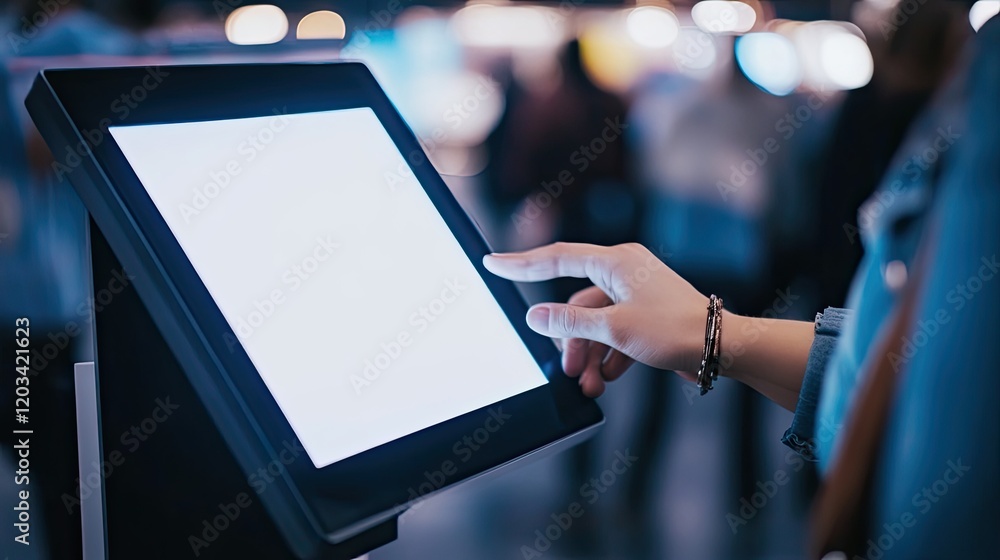 Poster interactive signage at a conference, with a blank touch interface for users to engage with.