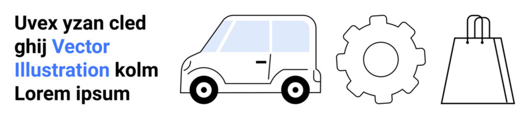 Compact car outline, gear image, and shopping bag vector grouped with placeholder text on the left side. Ideal for automotive, eCommerce, technology, mechanics, retail, advertising and educational