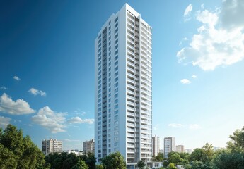 Modern residential skyscraper towering against a blue sky with fluffy clouds, surrounded by greenery, showcasing contemporary architecture and urban living lifestyle