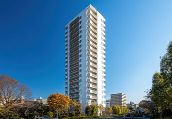 Modern Residential Tower with Bright Blue Sky and Seasonal Trees in Cityscape, Showcasing Urban Architecture and Nature Harmony in Vibrant Environment