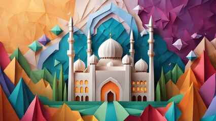 Stylized papercraft illustration of a mosque nestled in a vibrant, geometric landscape.