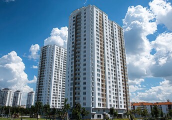 Obraz premium Modern Residential Towers Against a Clear Blue Sky with Fluffy White Clouds, Showcasing Contemporary Architecture and Sunny Day Atmosphere in Urban Landscape