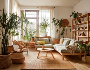 Fototapeta premium A cozy living room with eco-friendly decor, featuring indoor plants, bamboo furniture, and soft lighting.