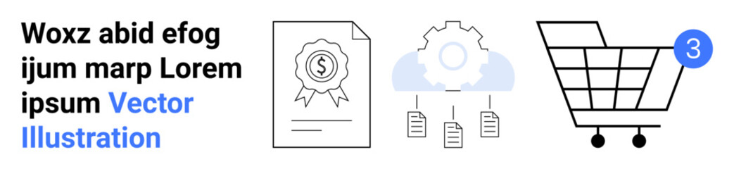 Business certificate, cloud with gear and documents, shopping cart with notification badge. Ideal for business solutions, cloud services, e-commerce, certification, document management, workflow