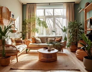 Fototapeta premium A cozy living room with eco-friendly decor, featuring indoor plants, bamboo furniture, and soft lighting.