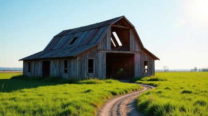 Obraz premium Rustic Wooden Barn in a Verdant Meadow with a Winding Dirt Road