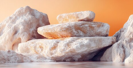 A rocky, orange background with a white, sloped platform