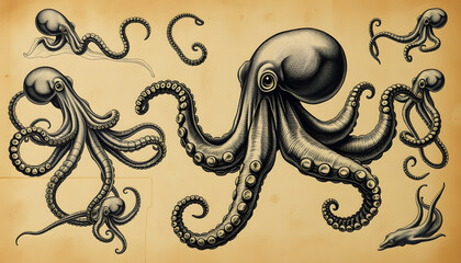 Background composed of images of vintage octopuses. Ancient cephalopod drawings, dreamy atmosphere, with white tones